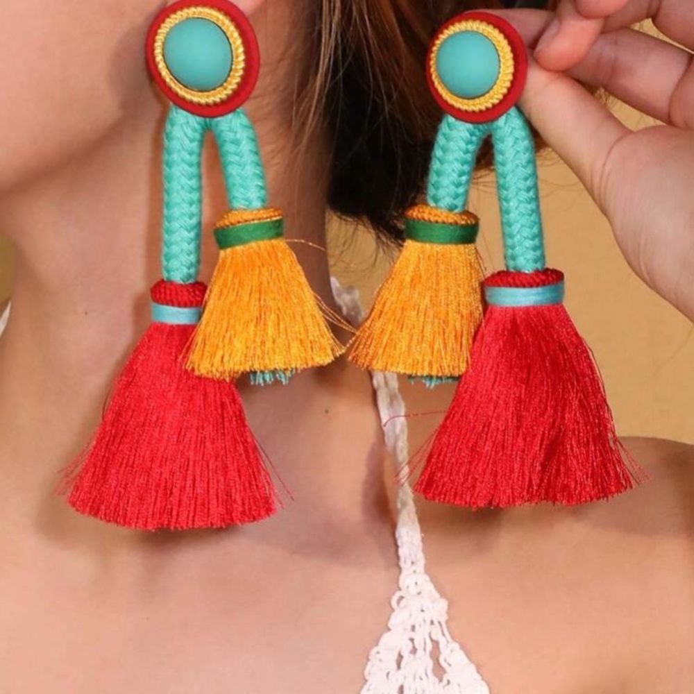 Large Colourful Tassel Statement Earrings Long Big Chunky Summer Spring Red Blue